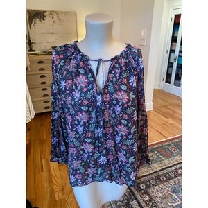 LOFT Women Navy Blue Floral Split Neck Tie Peplum Blouse Large Long Sleeve